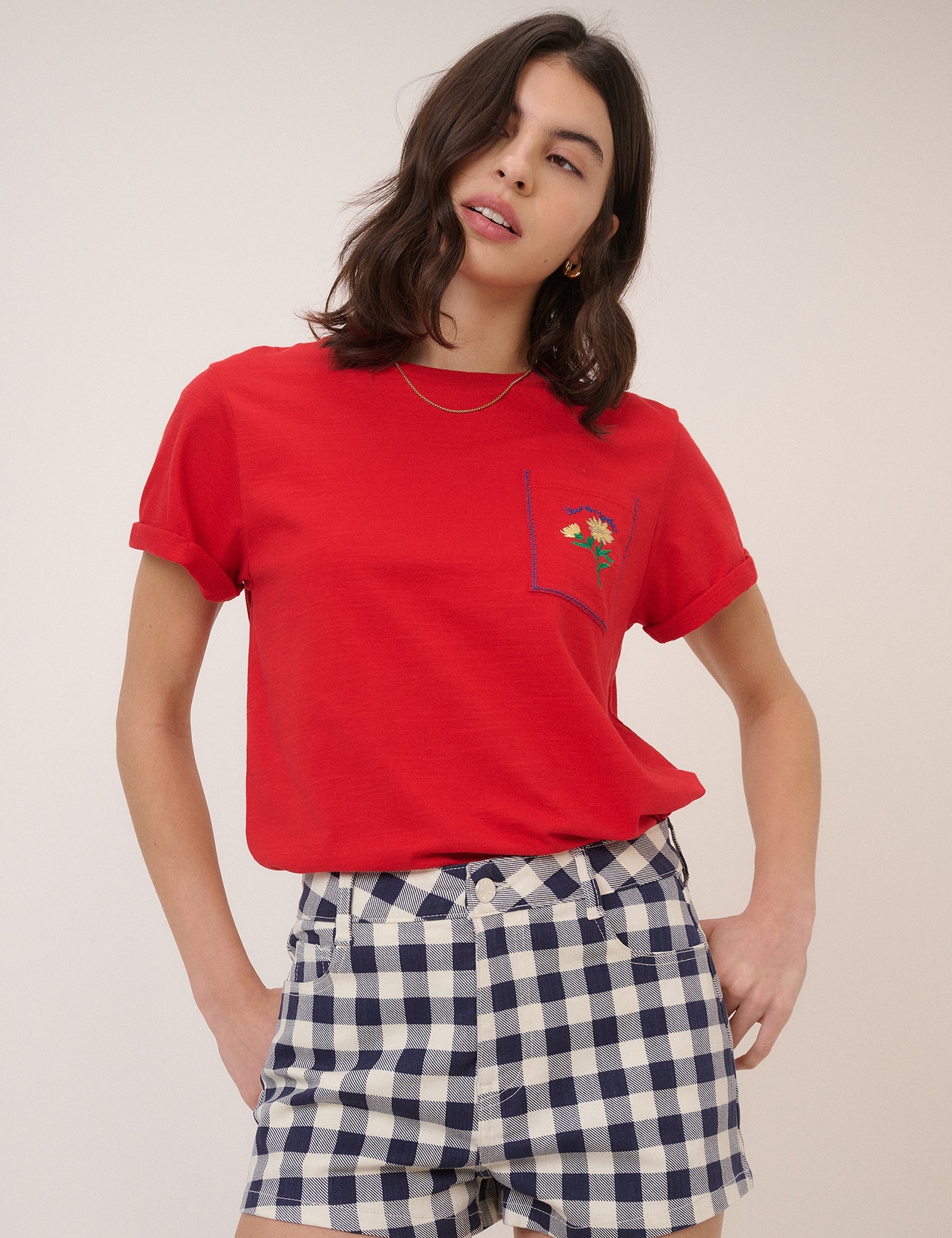 Navy Denim Gingham Mini Shorts