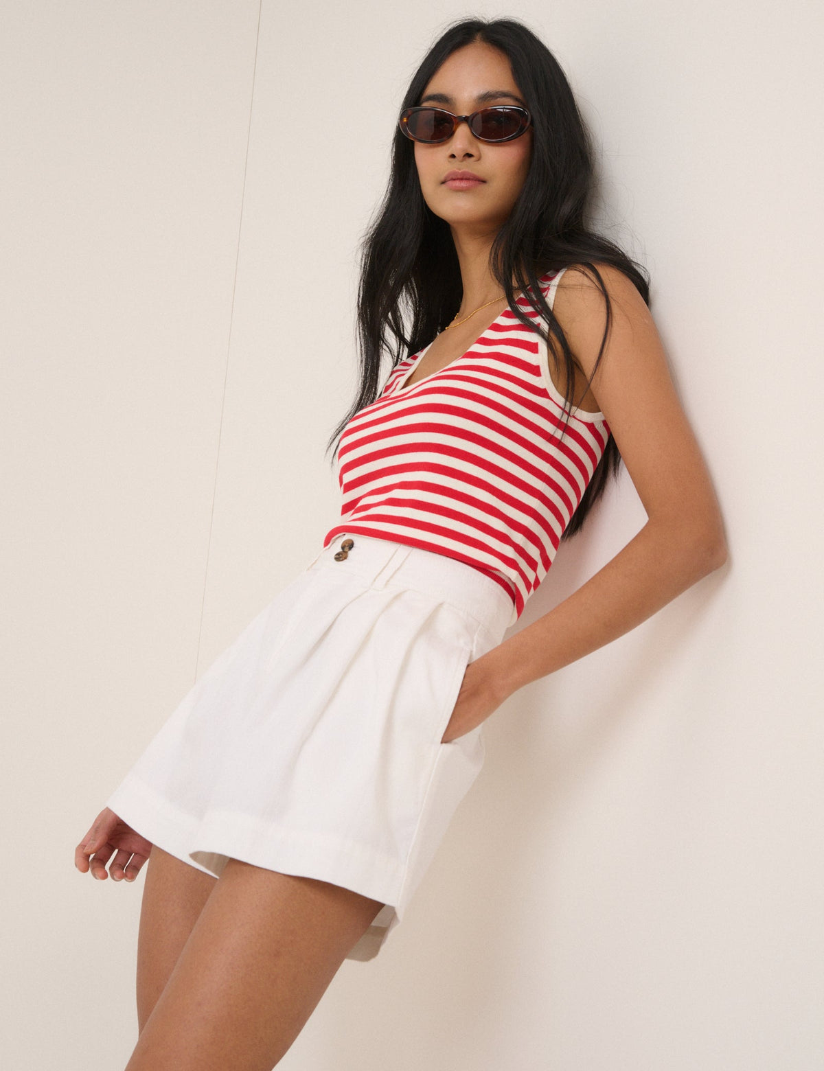 White Pleated High Waisted Shorts