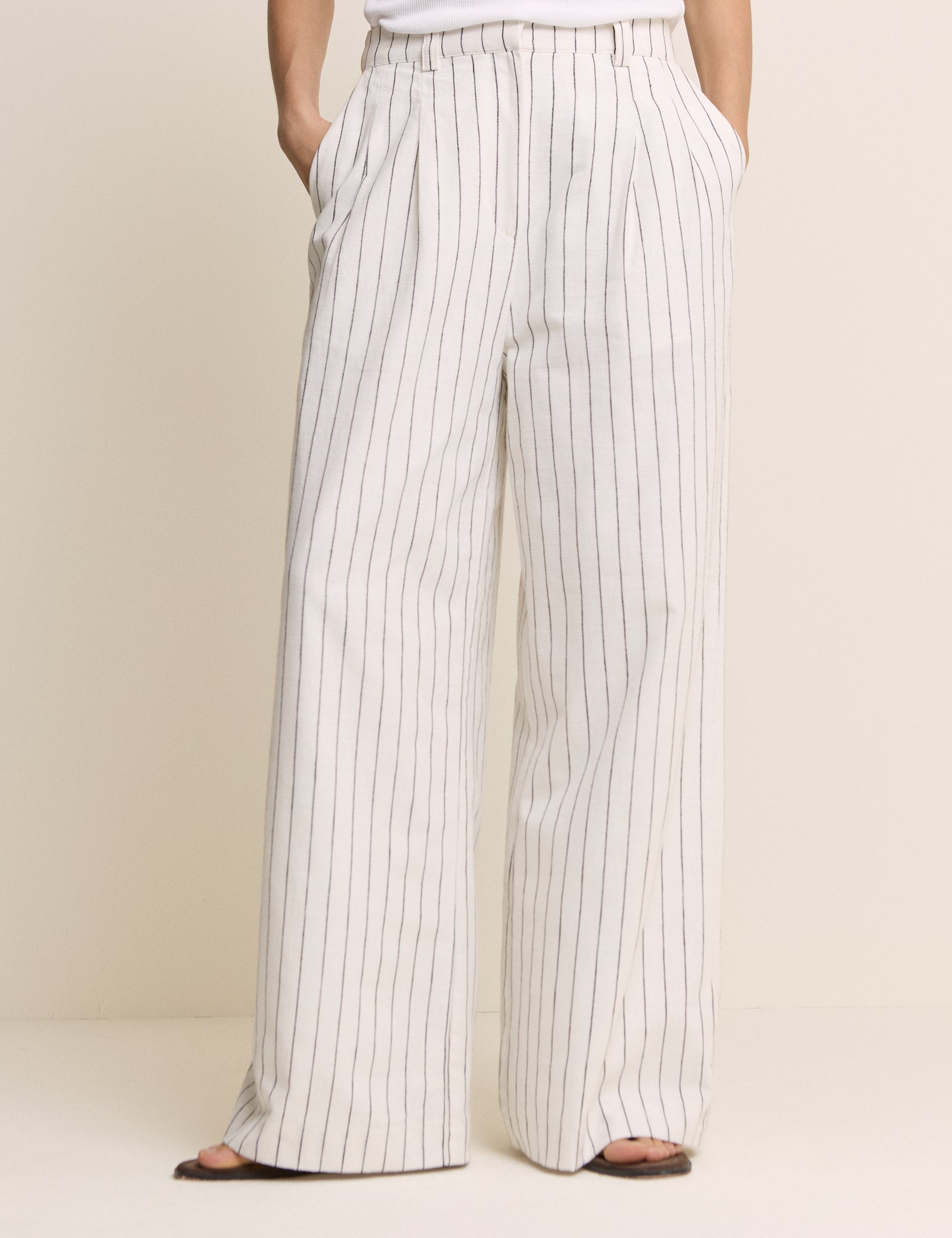 White Pinstripe Linen-Blend Wide Leg Trousers