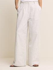 White Pinstripe Linen-Blend Wide Leg Trousers