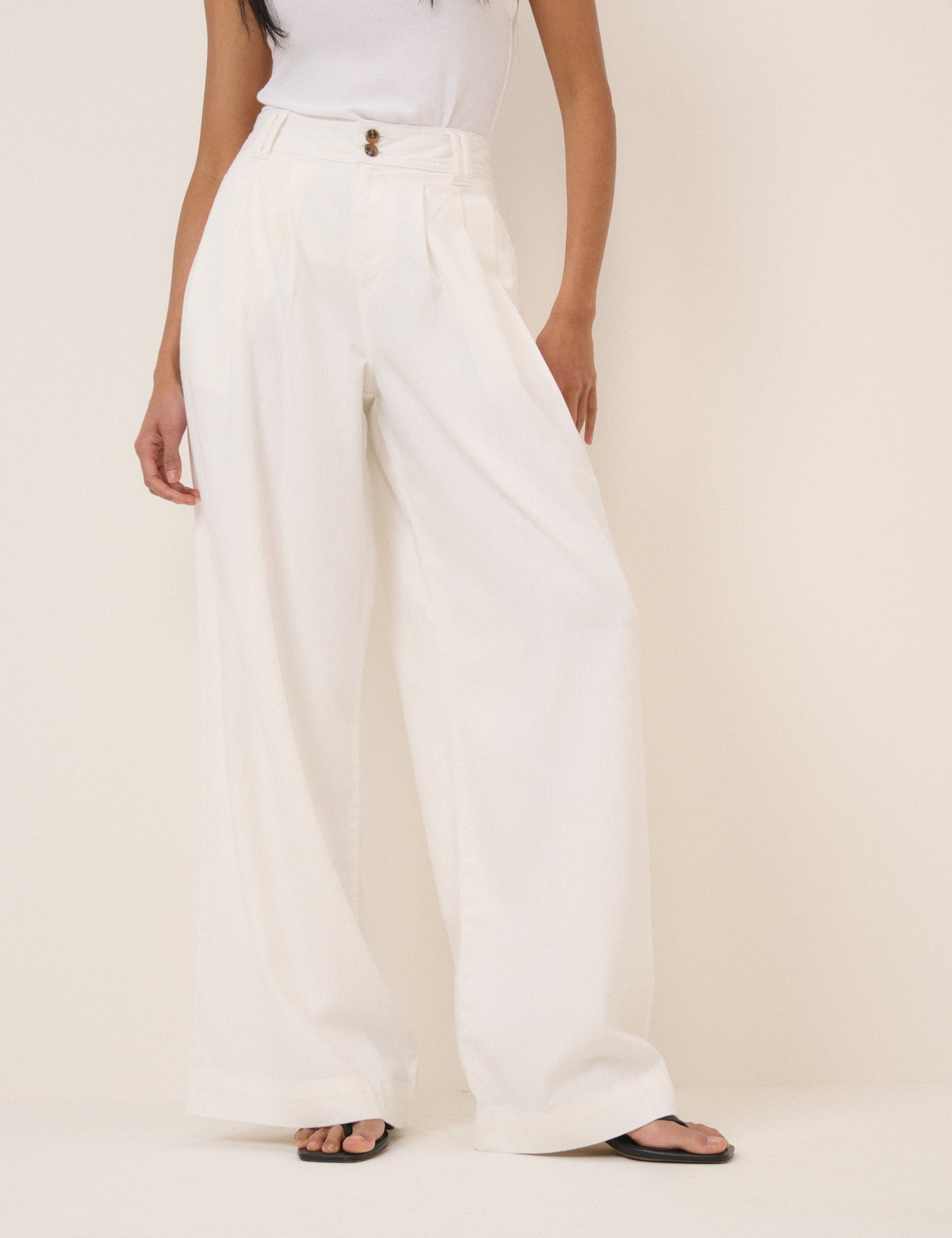 White Pleated Wide Leg Trousers