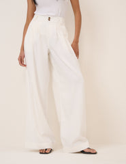 White Pleated Wide Leg Trousers