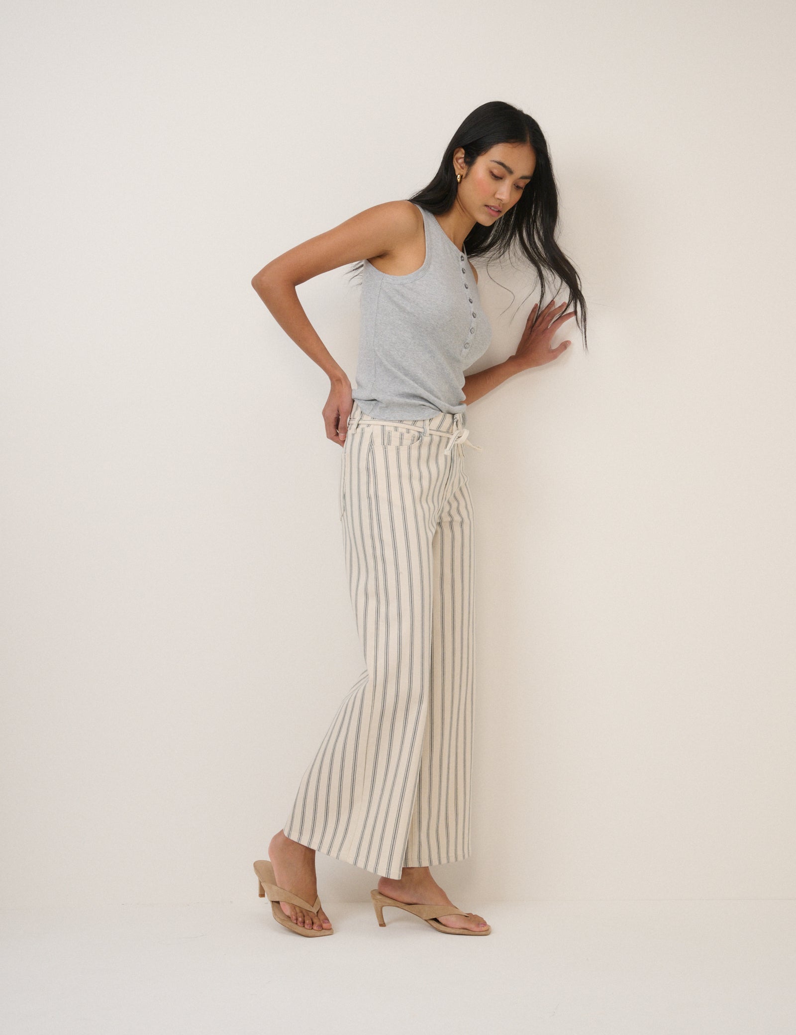 Ecru Striped Cropped Soho Wide Jeans