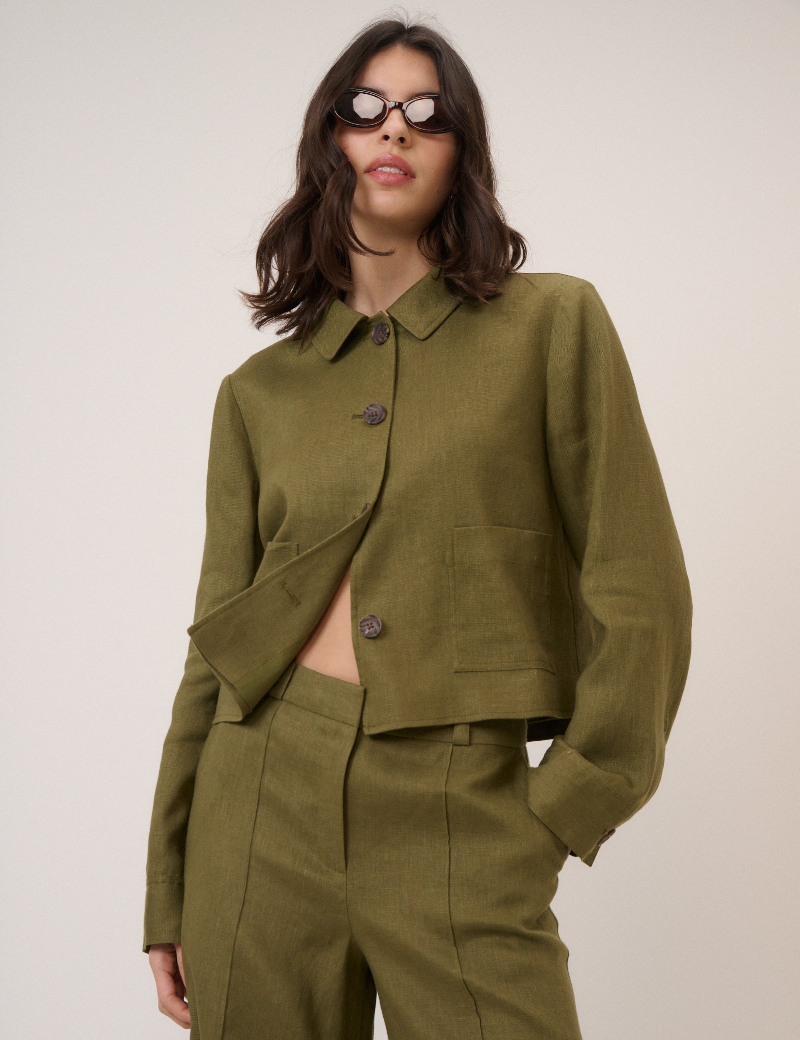 Khaki Linen-Blend Boxy Jacket