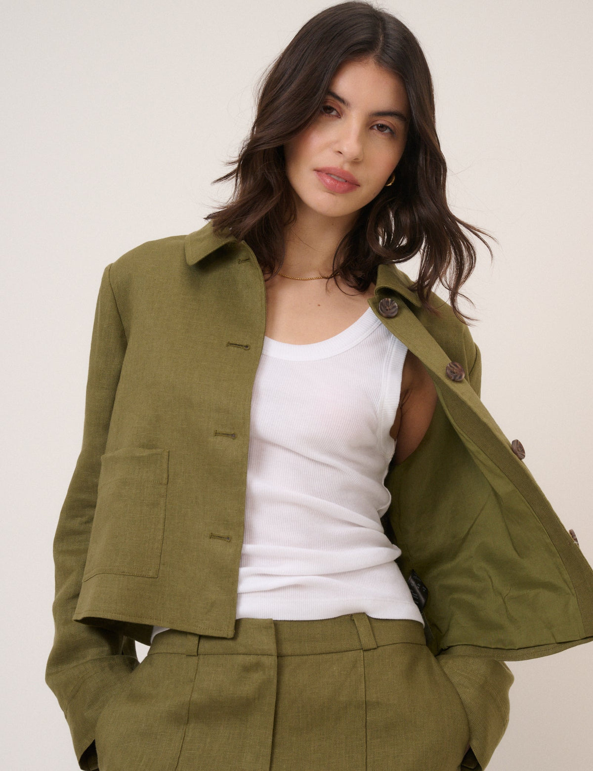 Khaki Linen-Blend Boxy Jacket