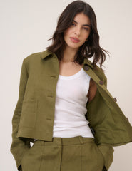 Khaki Linen-Blend Boxy Jacket