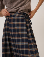 Navy Check Tailored Kilt Midi Skirt