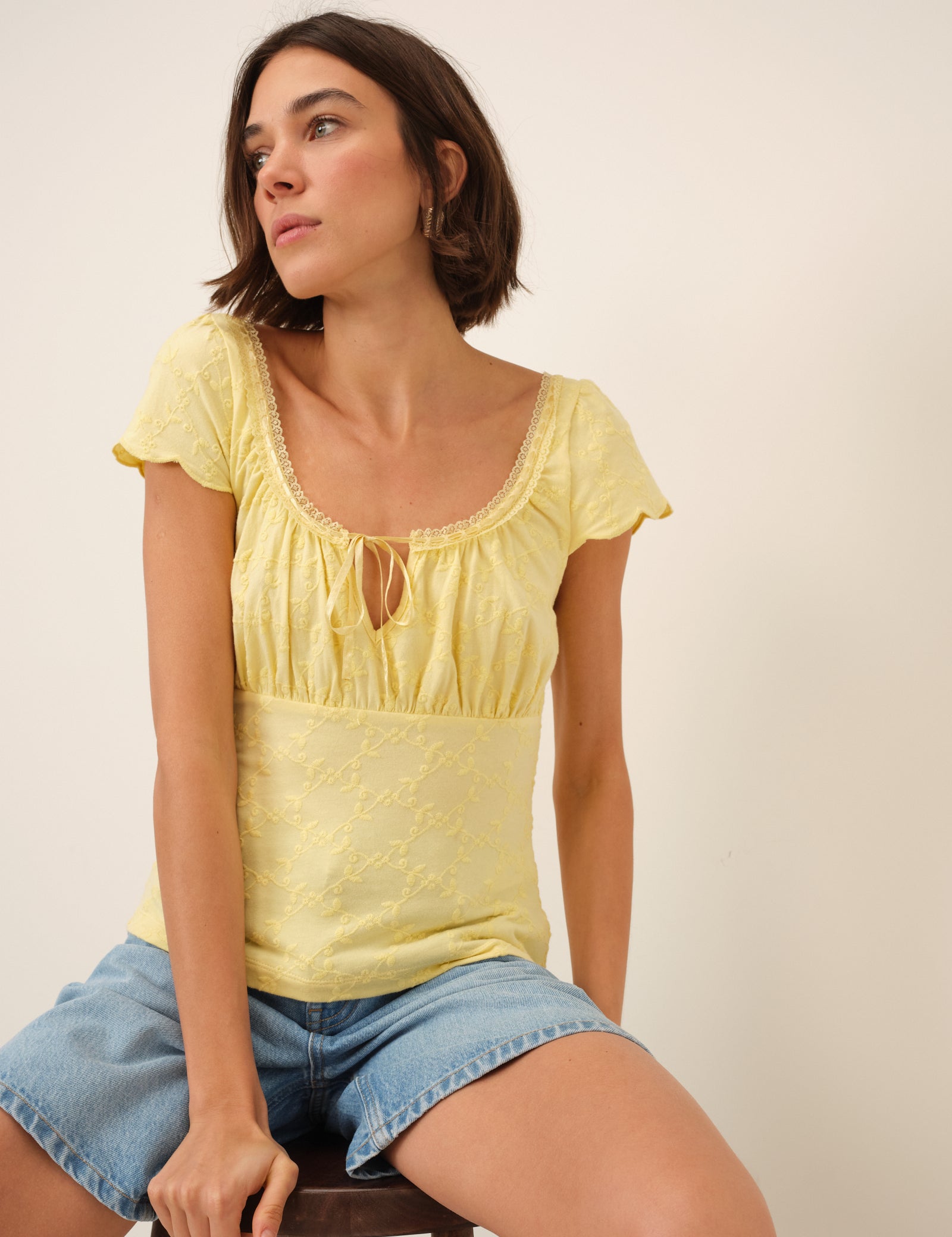 Yellow Broderie Milkmaid Jersey Top