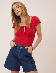 Red Broderie Milkmaid Jersey Top