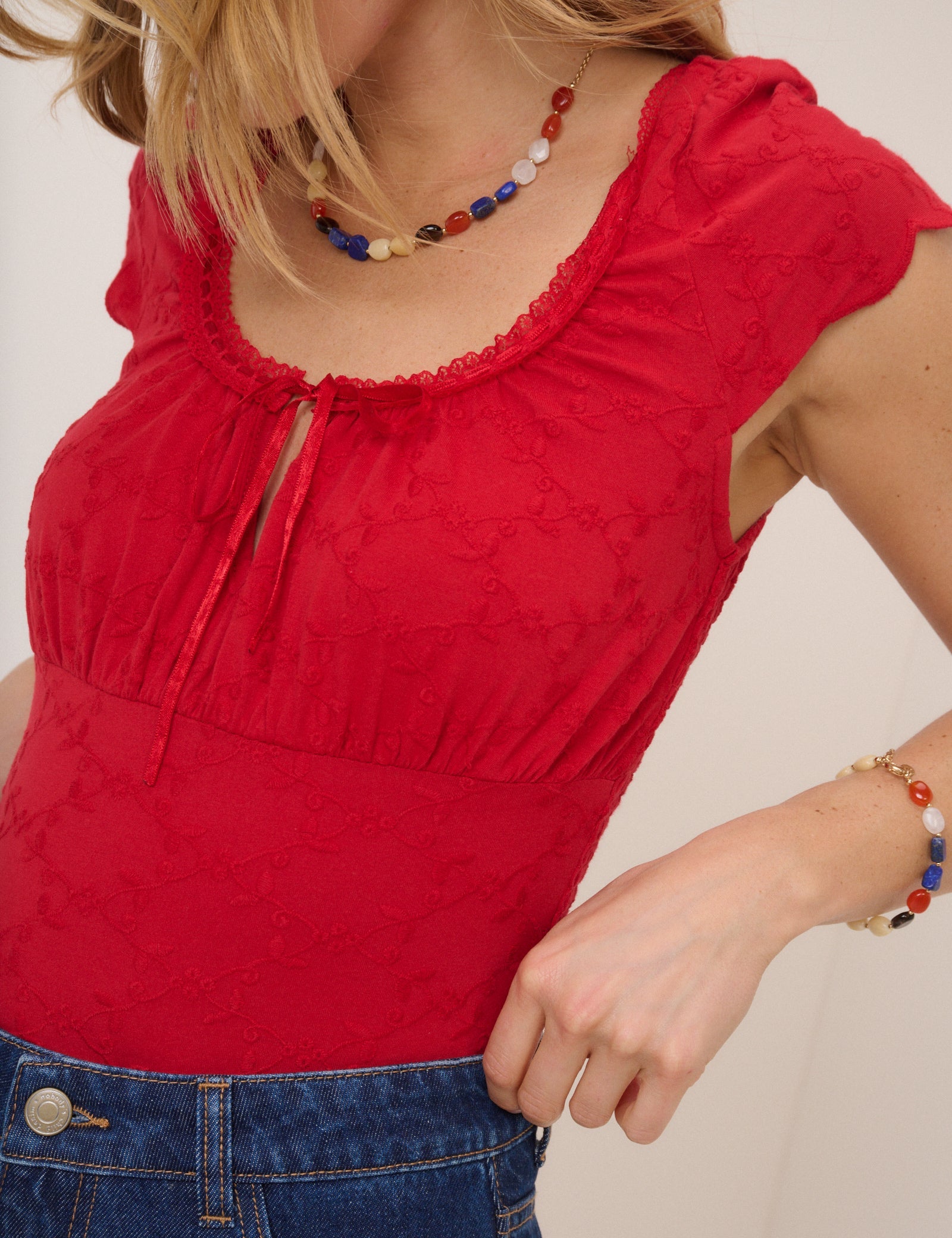 Red Broderie Milkmaid Jersey Top
