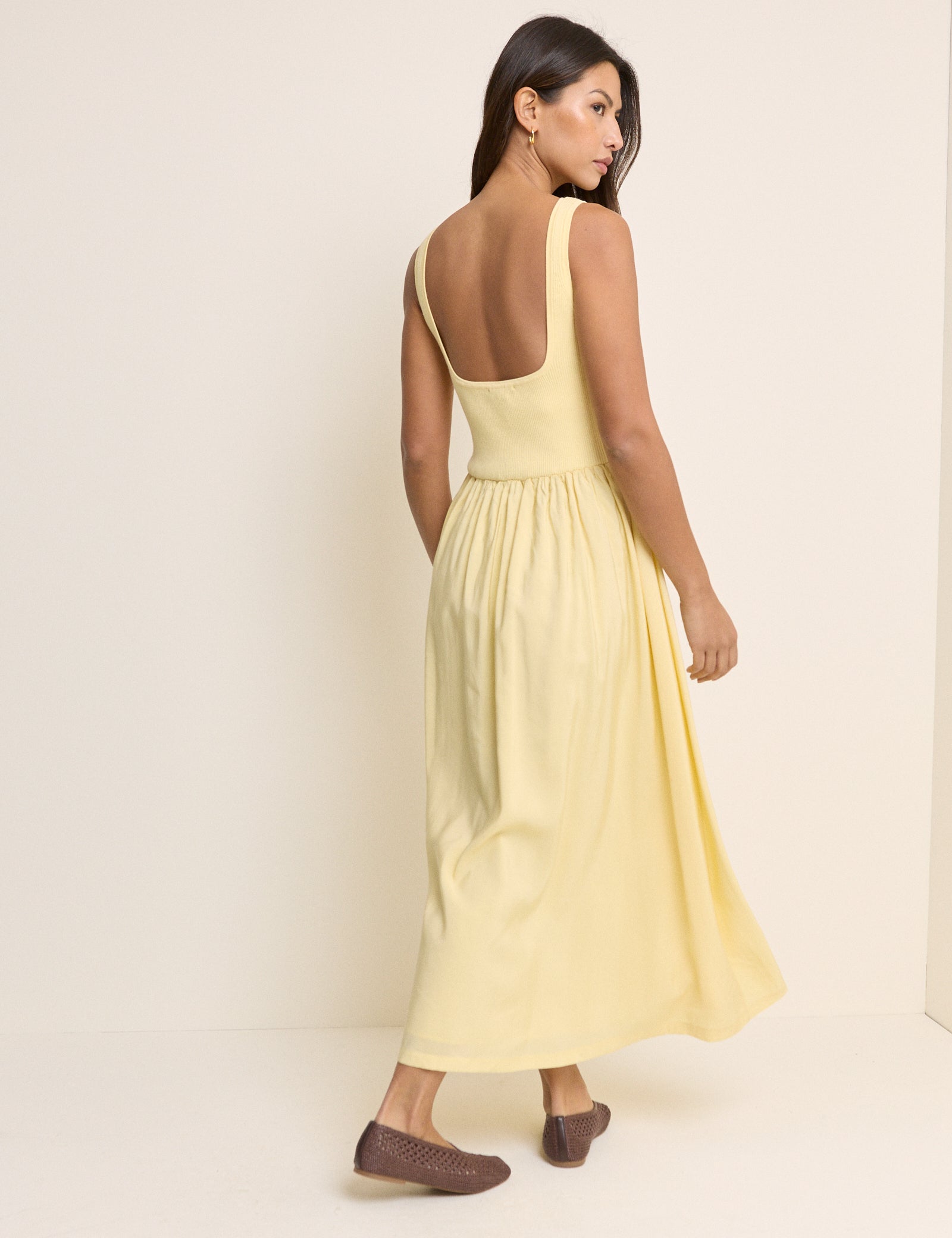 Yellow Ribbed Boat Neck Knitted Dress
