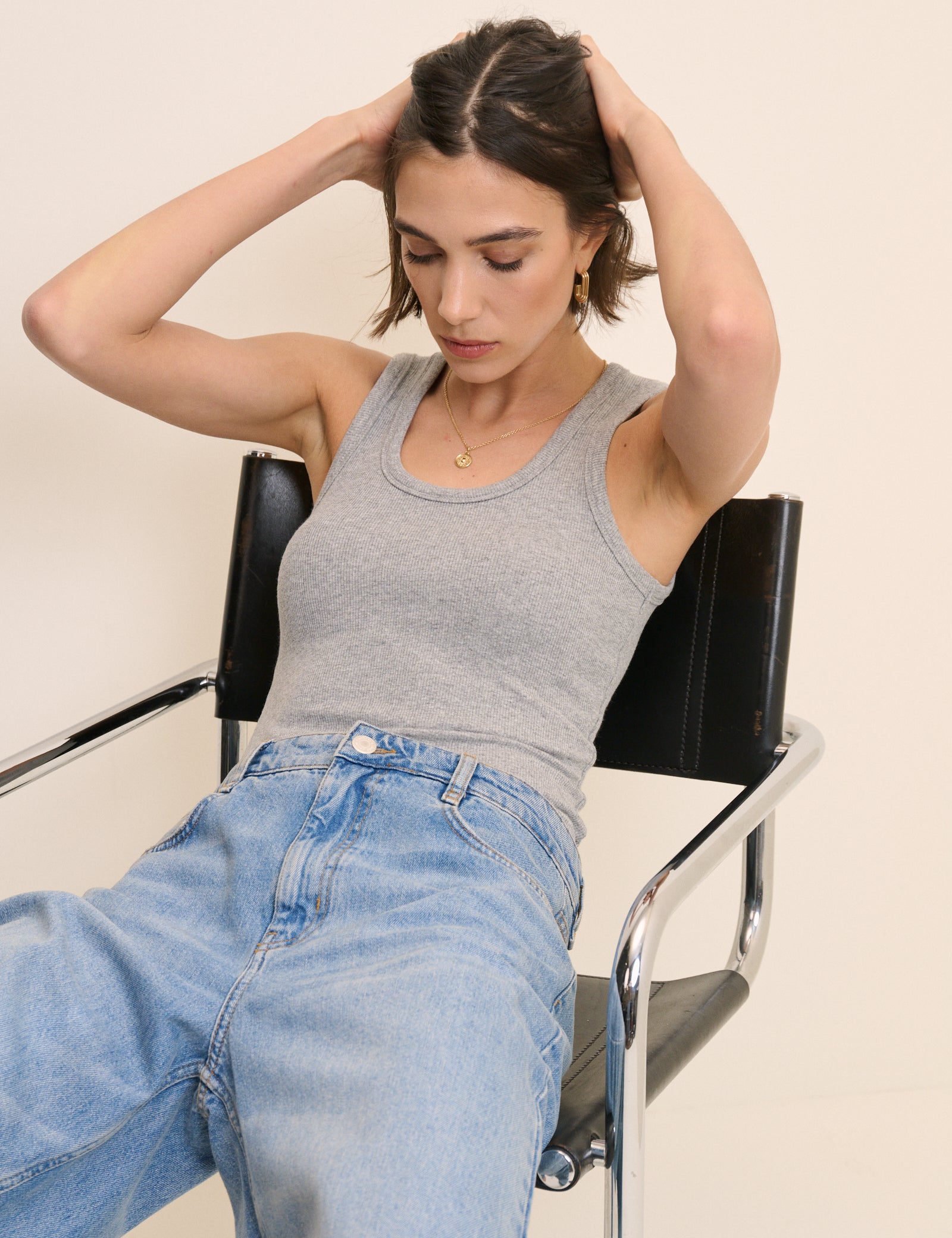 Grey Ribbed Scoop Neck Vest Top