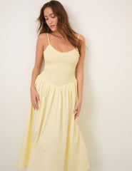 Butter Yellow Shirred Drop Waist Daisy Midi Dress