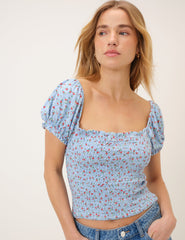 Blue Floral Shirred Square Neck Top