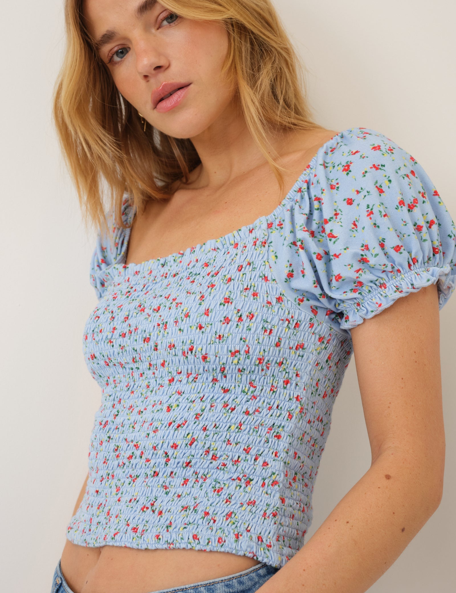 Blue Floral Shirred Square Neck Top