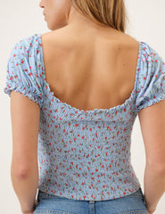 Blue Floral Shirred Square Neck Top