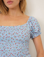 Blue Floral Shirred Square Neck Top