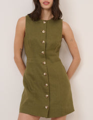 Green Linen-Blend Tailored Mini Dress