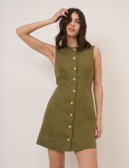 Green Linen-Blend Tailored Mini Dress