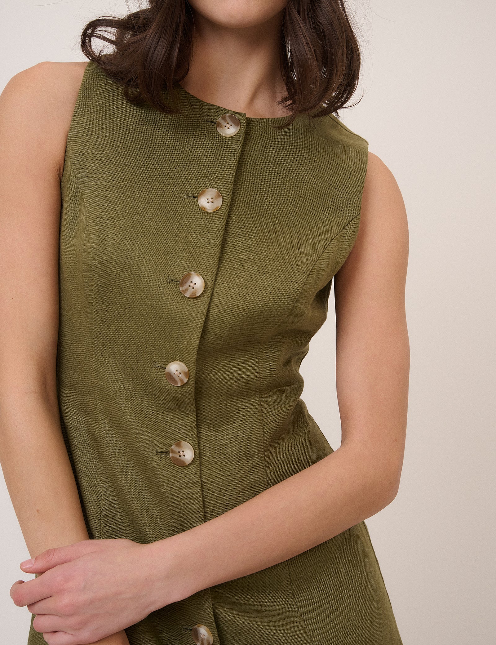 Green Linen-Blend Tailored Mini Dress