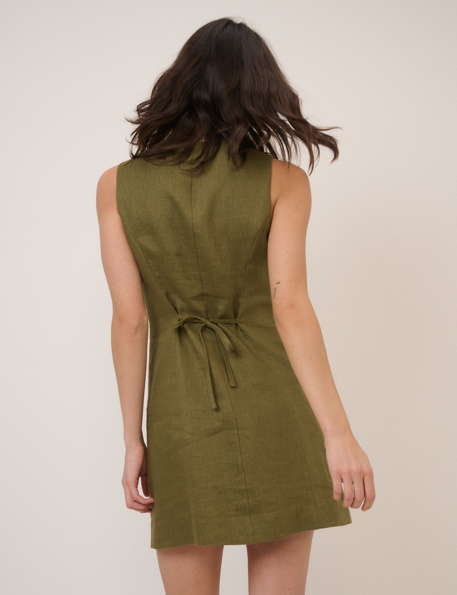 Green Linen-Blend Tailored Mini Dress