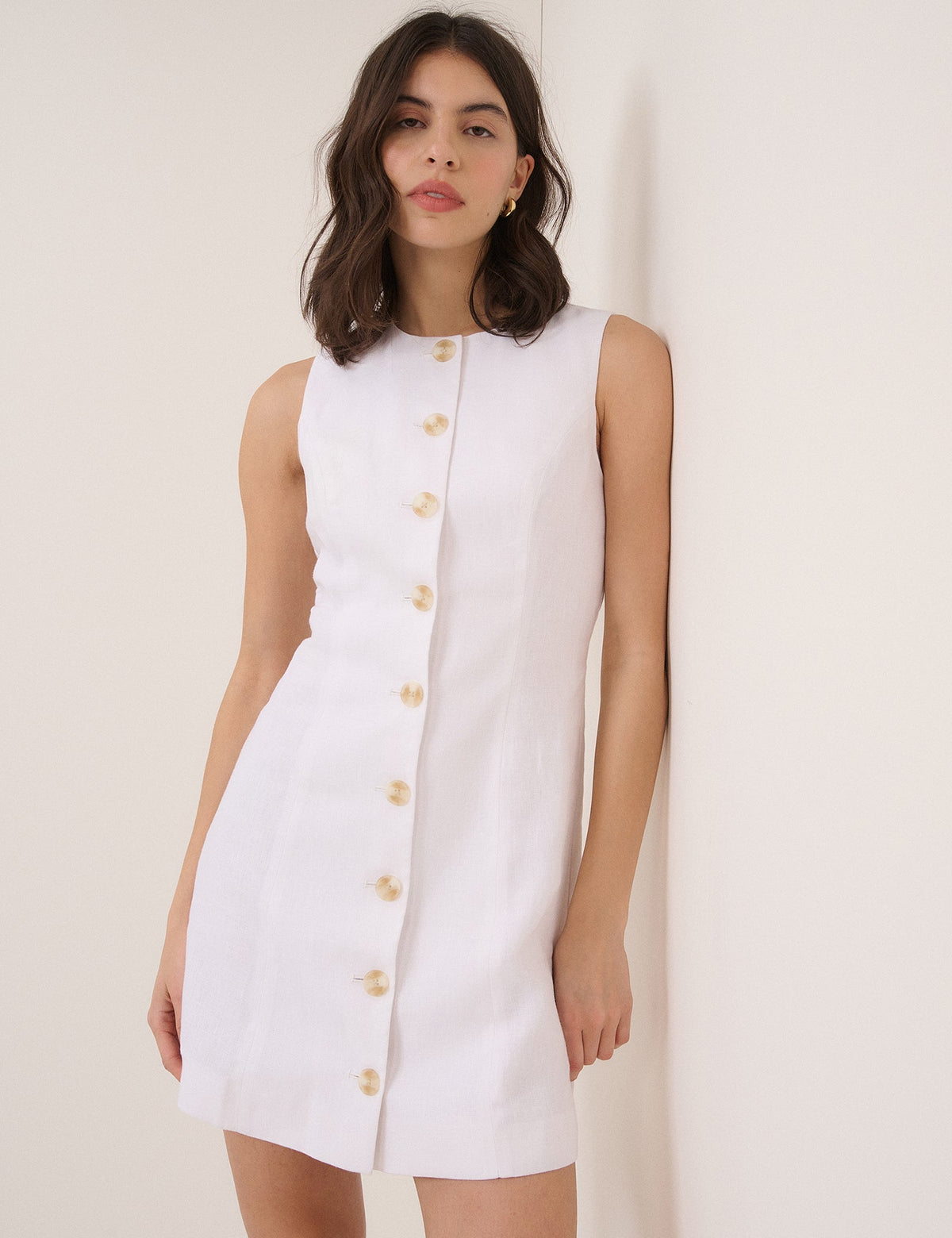 White Linen-Blend Tailored Mini Dress
