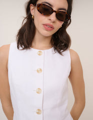White Linen-Blend Tailored Mini Dress