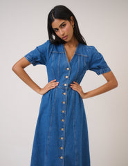 Blue Denim Puff Sleeve Sienna Midi Dress