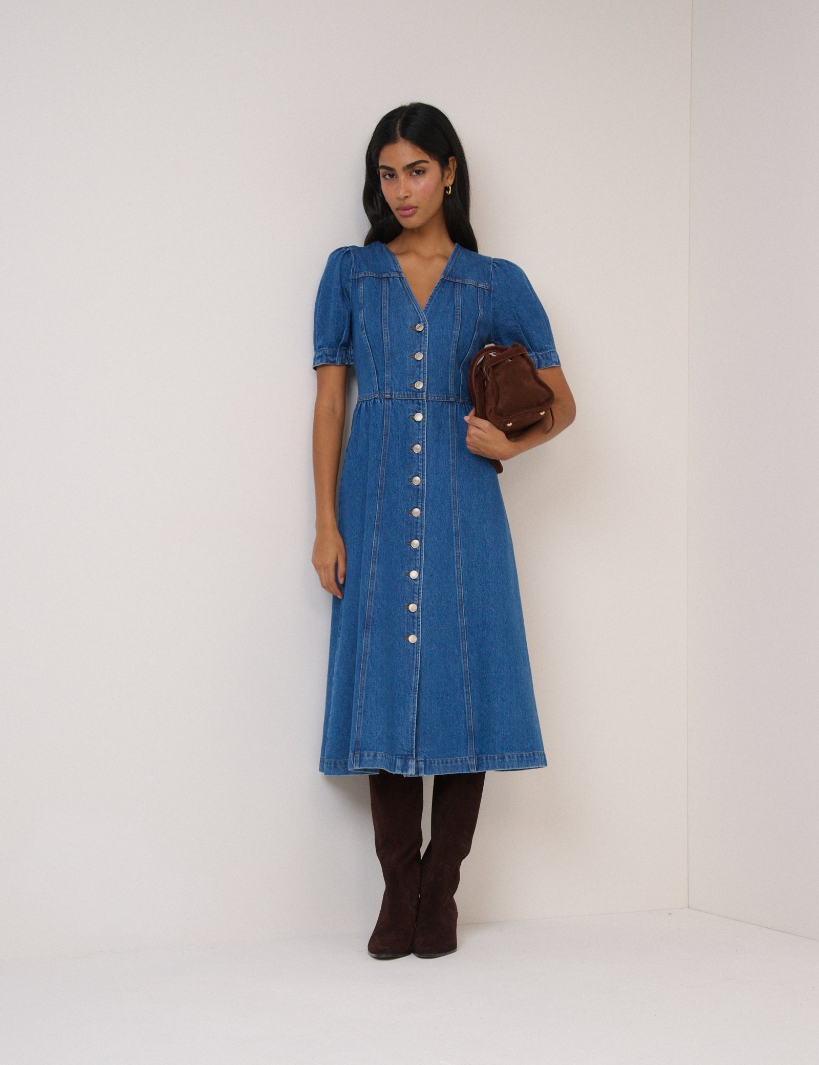 Blue Denim Puff Sleeve Sienna Midi Dress