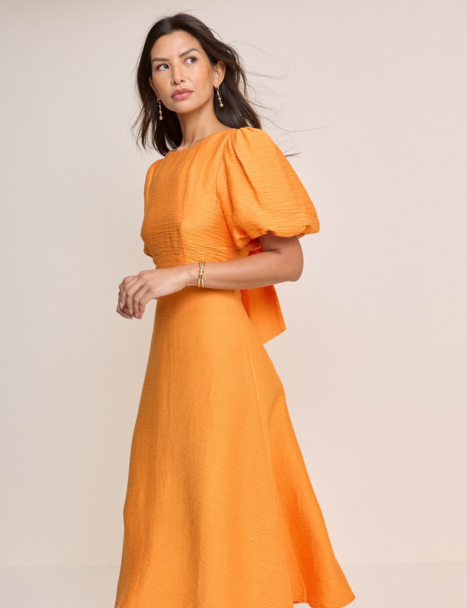 Orange Puff Sleeve Zola Midi Dress