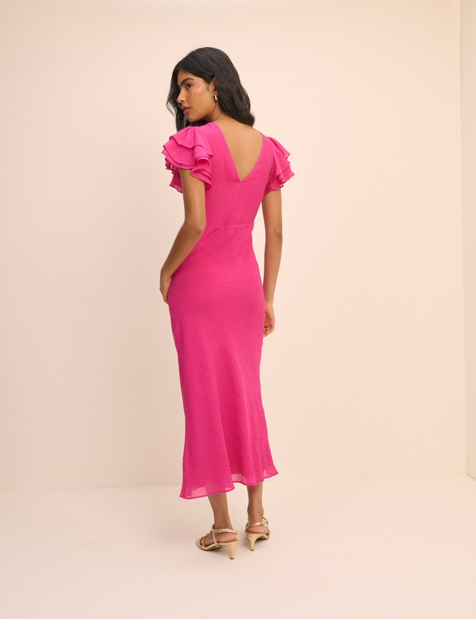 Pink Frill Sleeve Lola Midi Dress