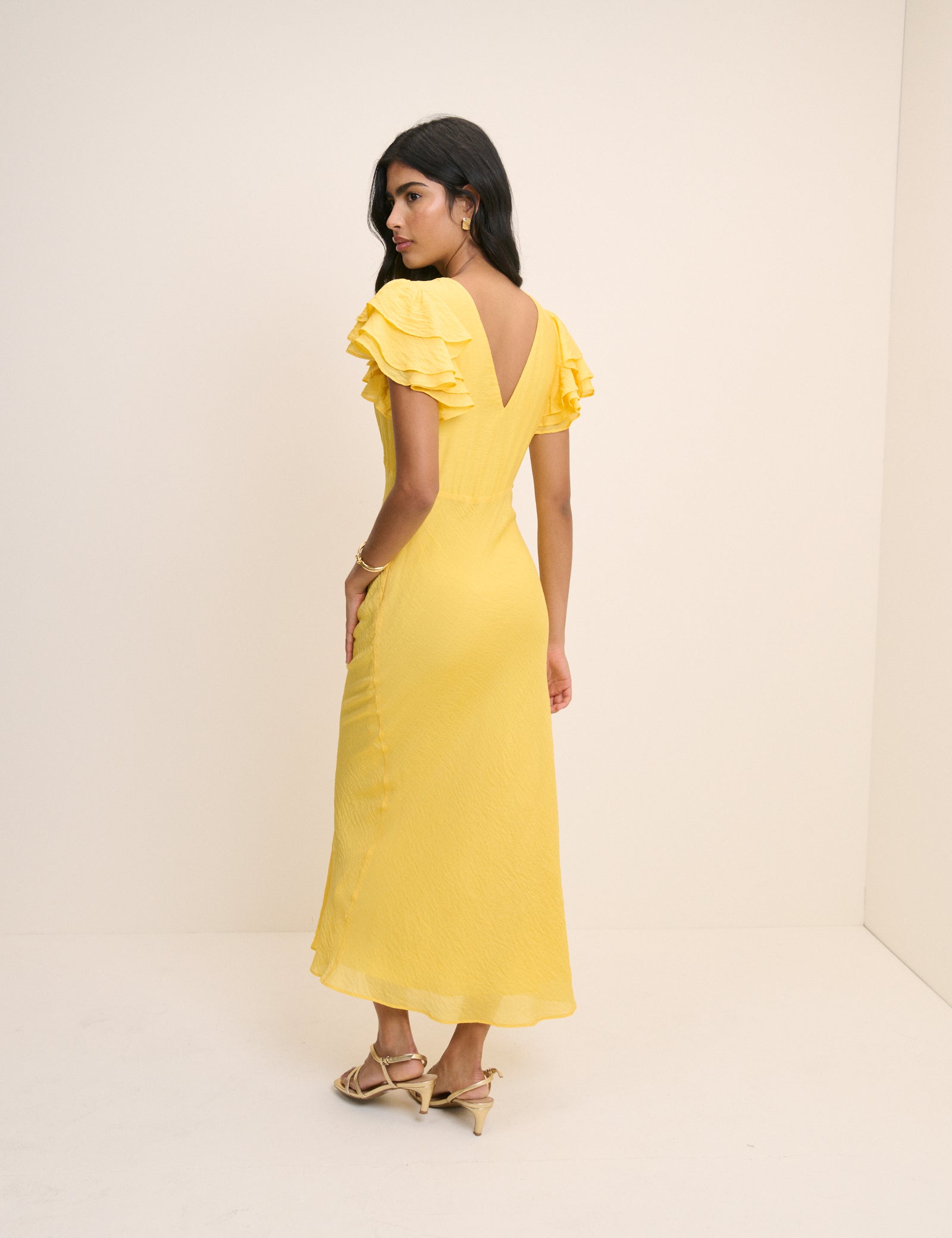 Yellow Frill Sleeve Lola Midi Dress