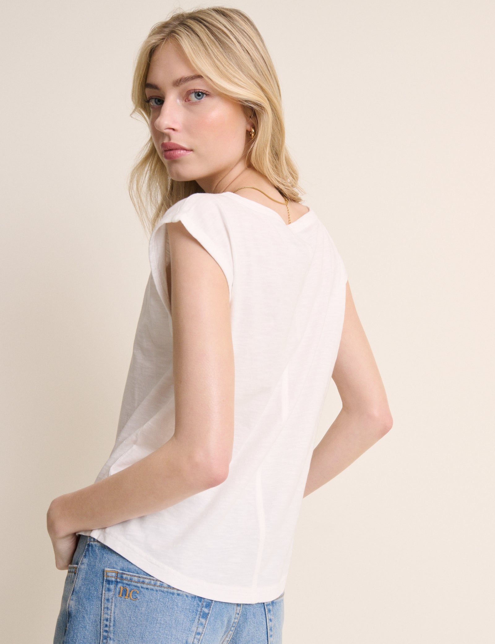 White Turn Up Sleeve Jersey Top