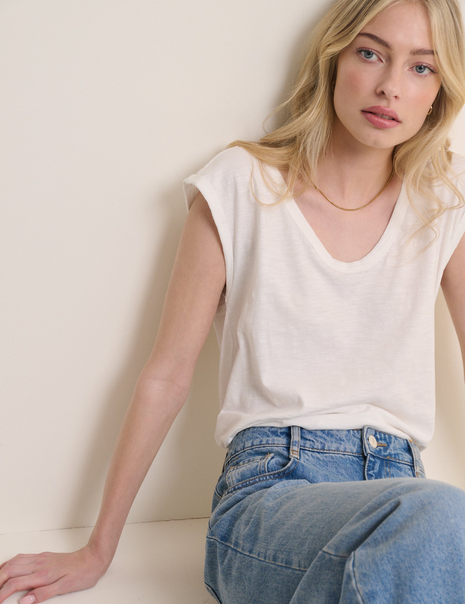 White Turn Up Sleeve Jersey Top