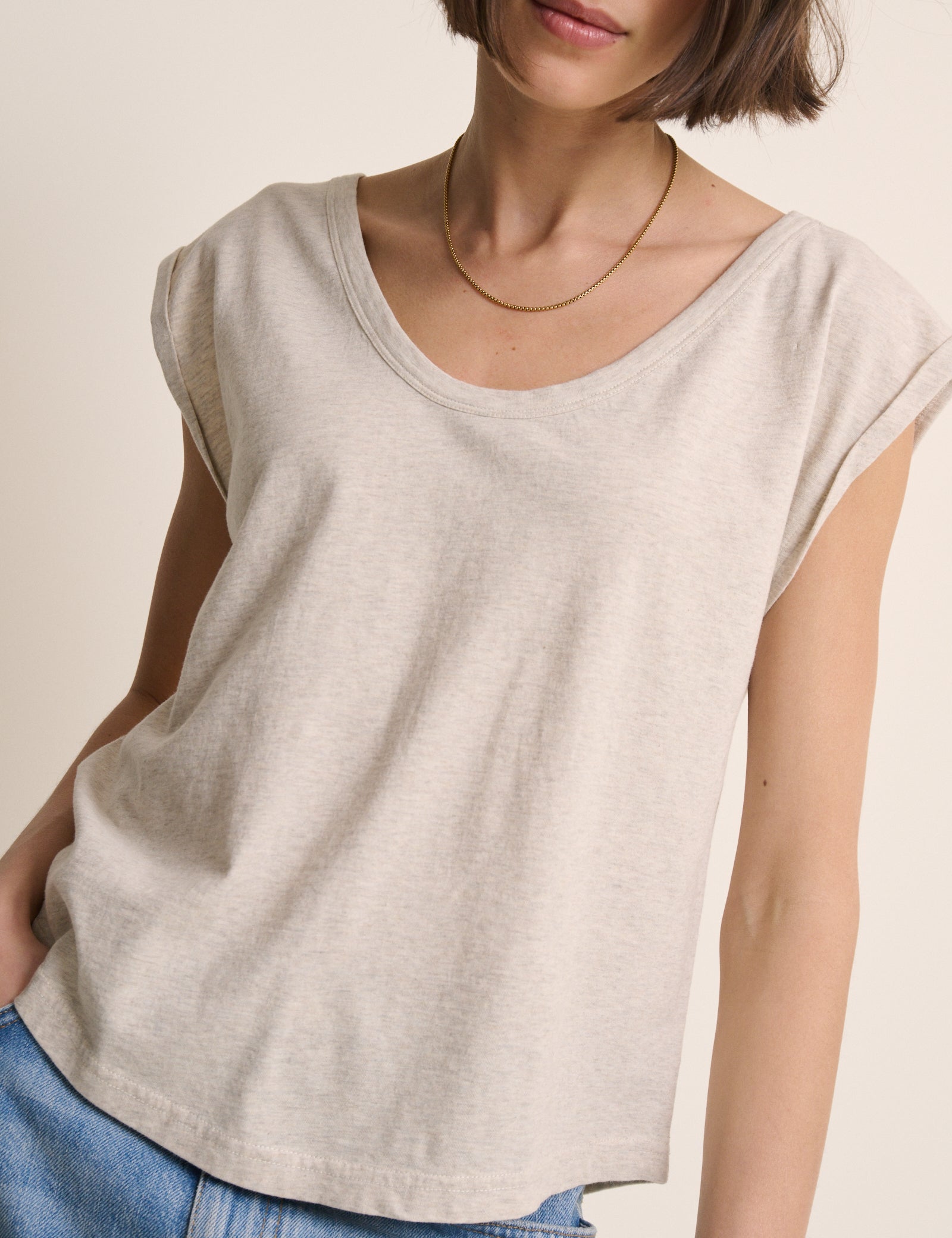 Oatmeal Turn Up Sleeve Jersey Top