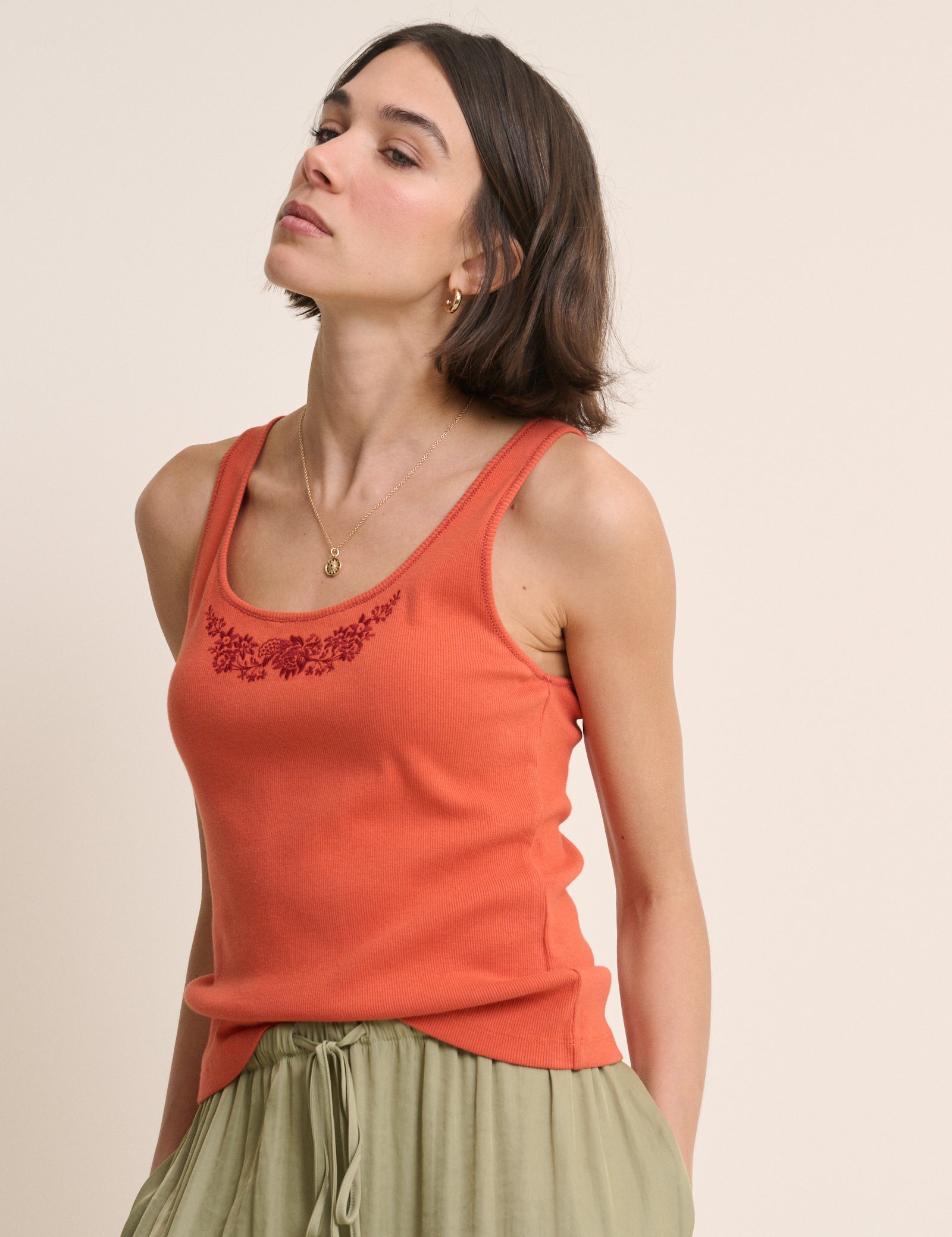 Orange Embroidered Ribbed Vest Top
