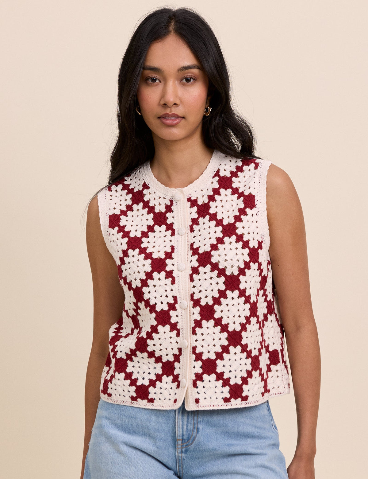 Red and White Crochet Button Through Top