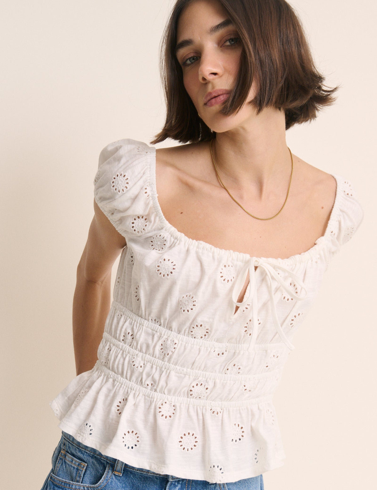 White Broderie Anglaise Shirred Milkmaid Top