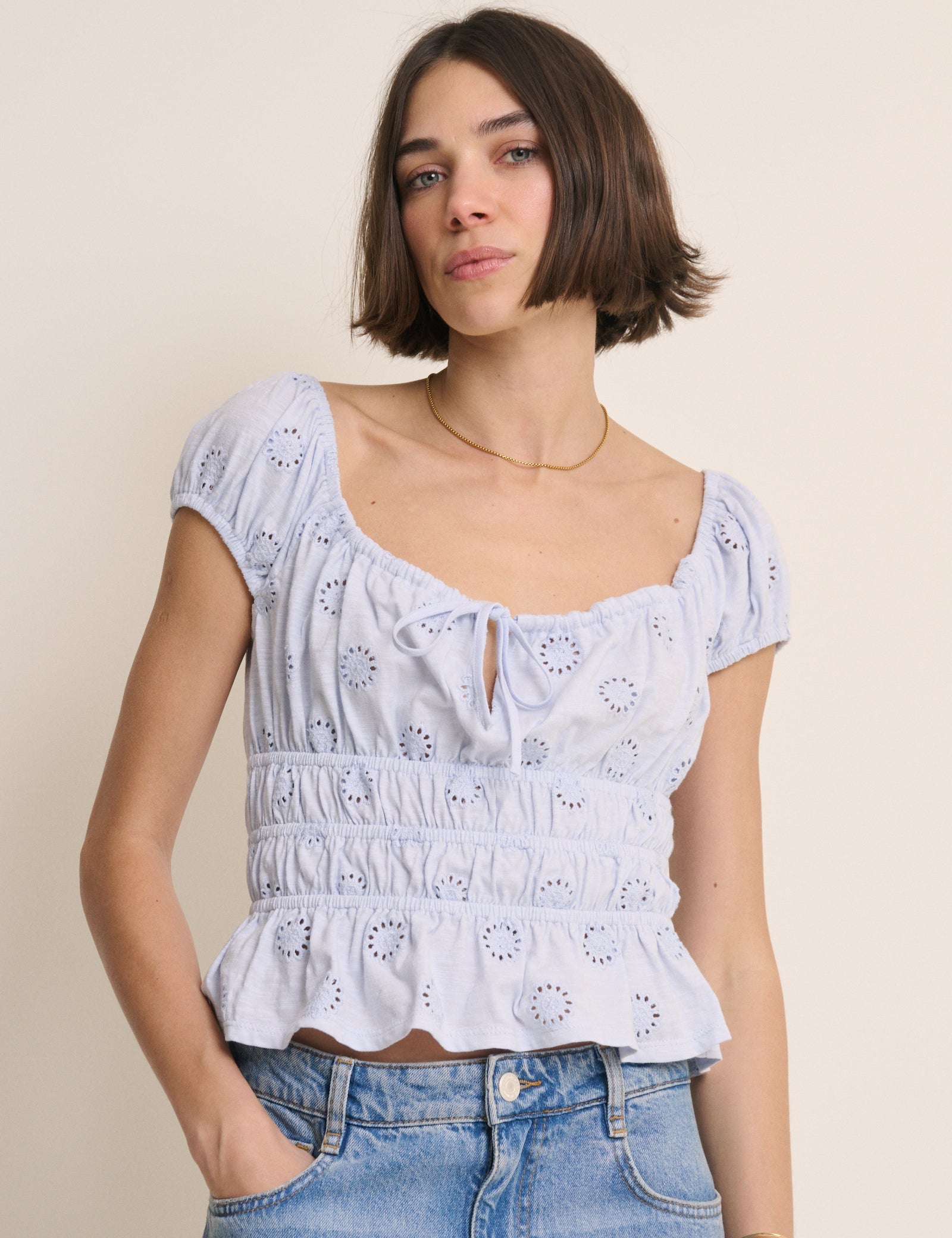 Blue Broderie Anglaise Shirred Milkmaid Top