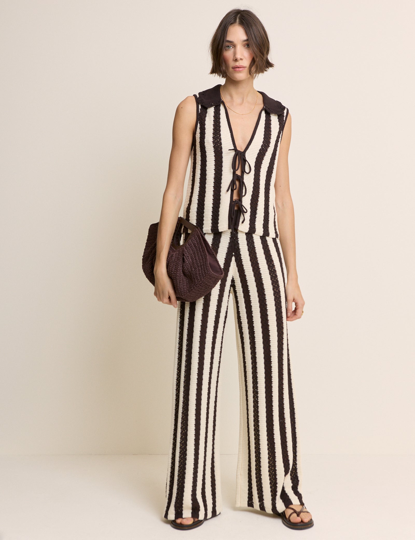Brown And Cream Crochet Striped Trousers