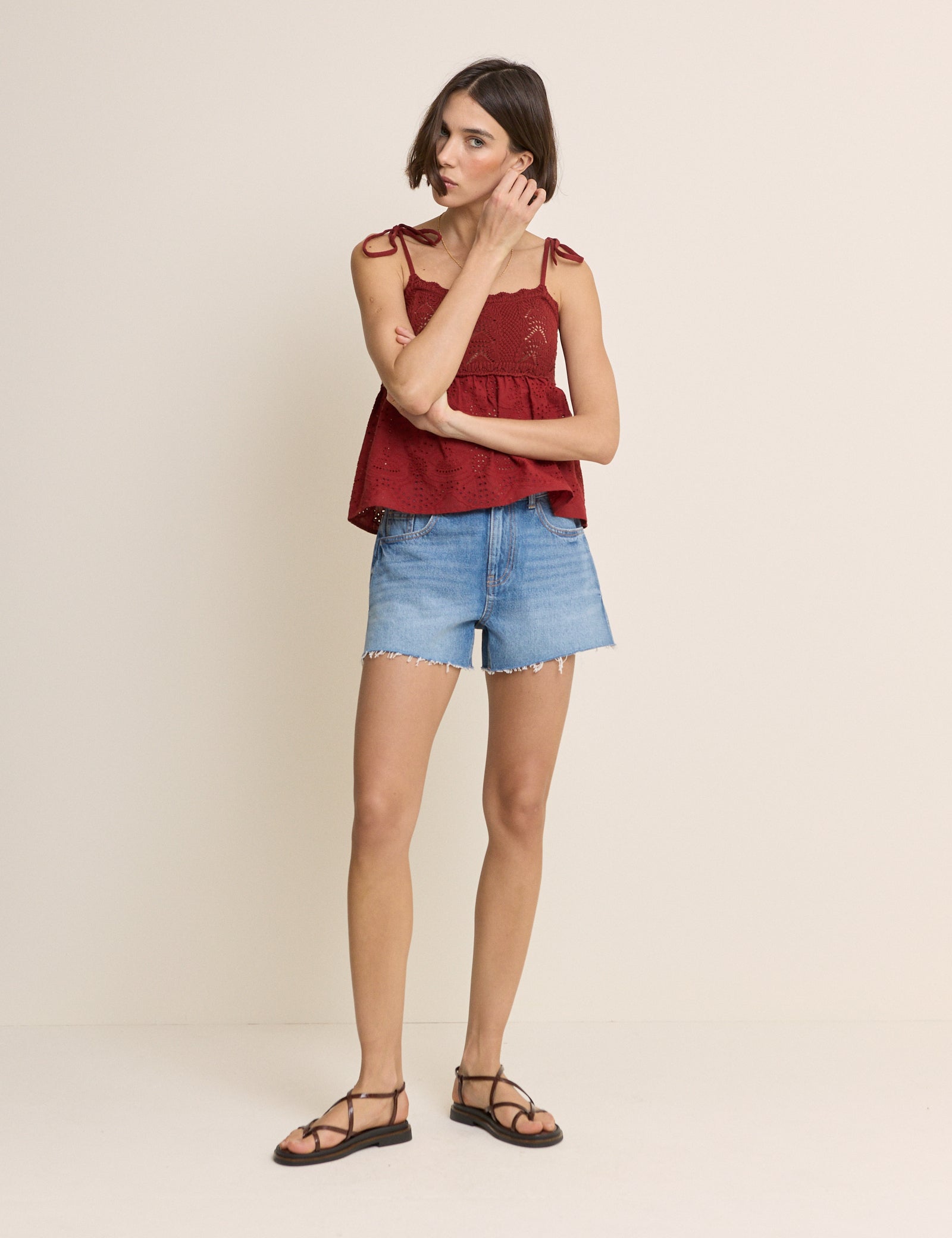 Red Crochet Broderie Anglaise Cami Top