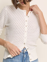 White Pointelle Crew Neck Cardigan