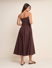 Brown Bandeau Button Front Midi Dress
