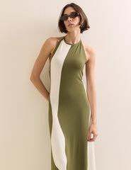 Khaki Abstract Striped Halterneck Maxi Dress