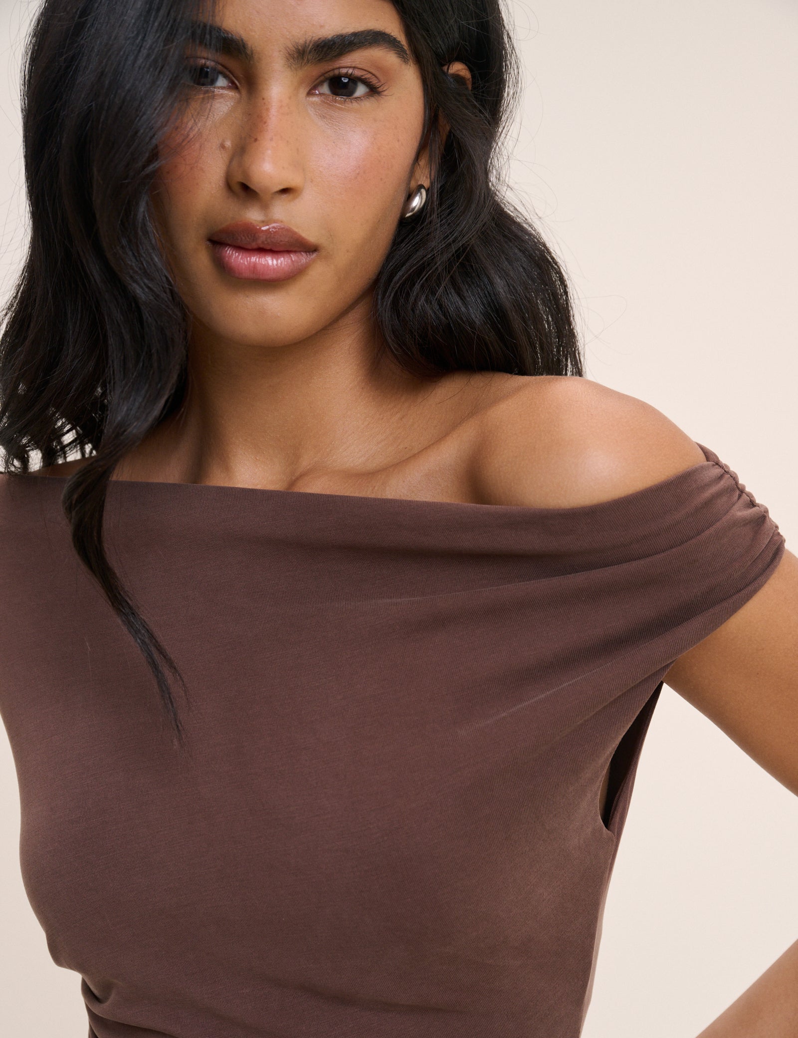 Brown Draped Off Shoulder Beth Midi Dress