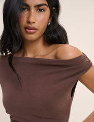 Brown Draped Off Shoulder Beth Midi Dress