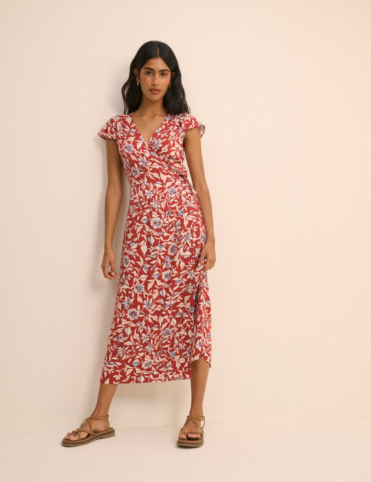 Red Floral Wrapover Bree Midi Dress