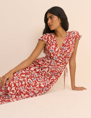 Red Floral Wrapover Bree Midi Dress