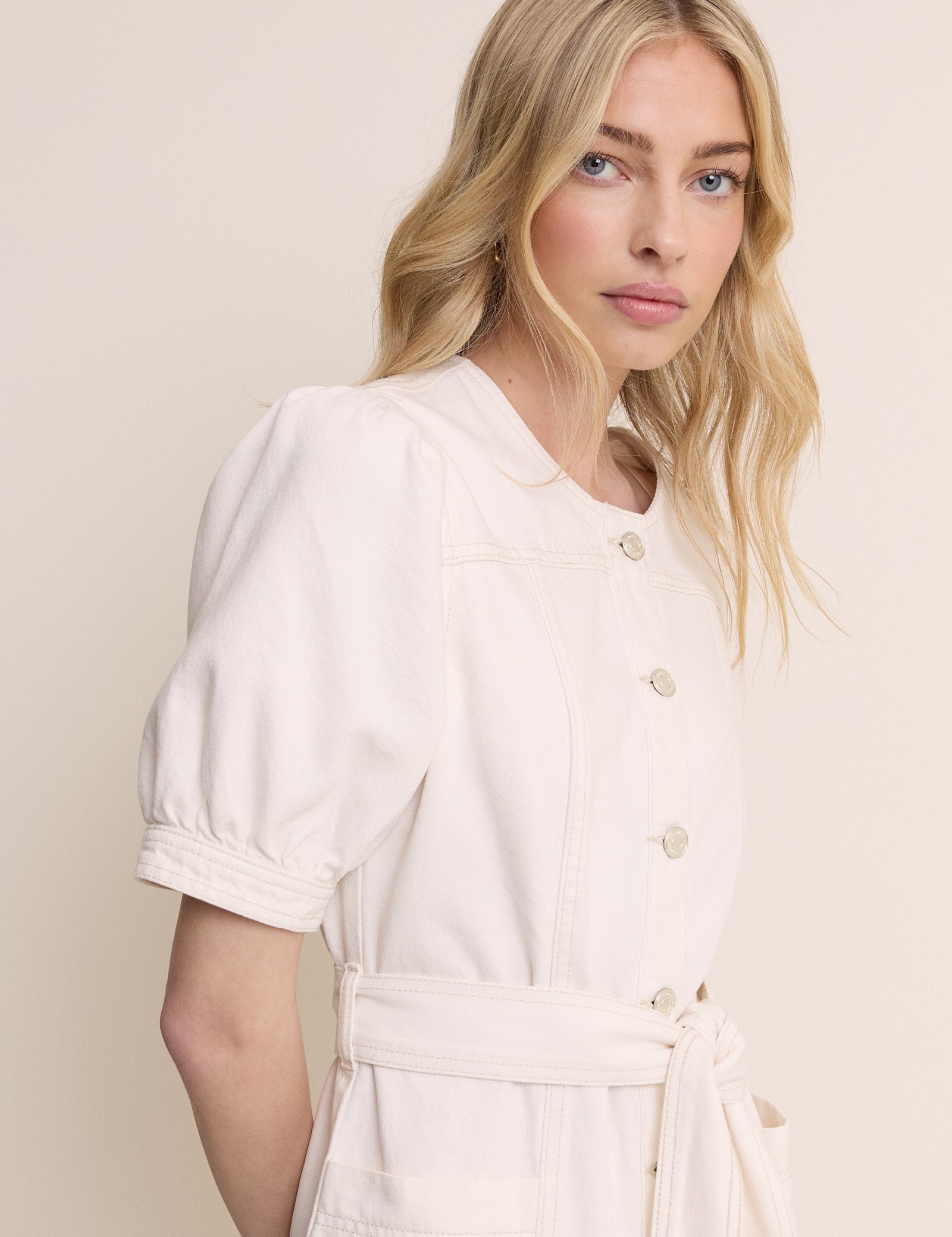 White Denim Puff Sleeve Hallie Mini Dress