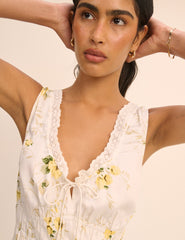 White Floral Shirred Sleeveless Isabella Midi Dress